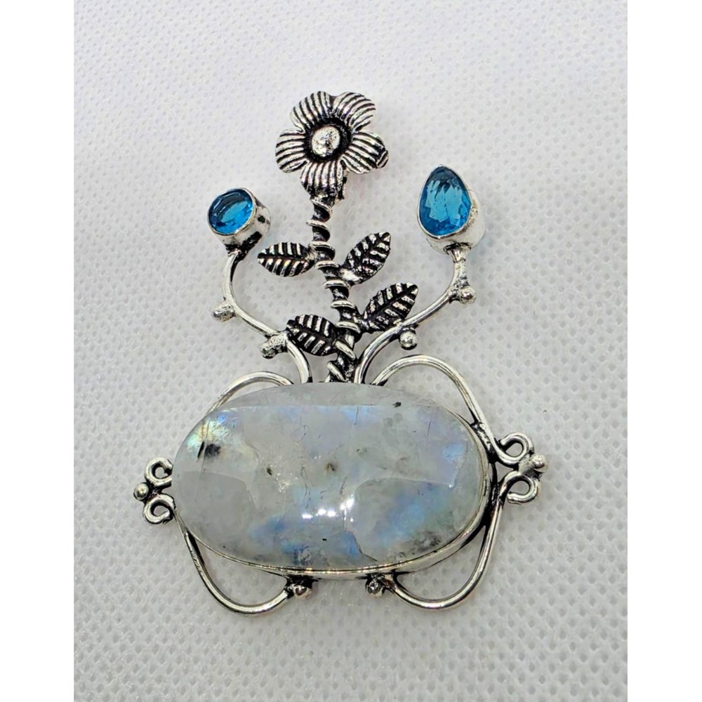 Flower Rainbow Moonstone Blue‎ Topaz 925 Silver Plated Pendant 2.2"